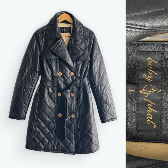 Quilted Black Leather Trench Coat Y2K Baby Phat long black jacket Kimora Lee - Picture 2 of 16